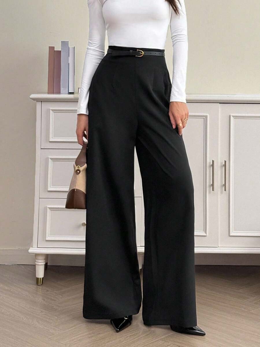 SHEIN Tall 高腰休闲阔腿裤，适合返校和通勤 - 黑色 - 查看 1