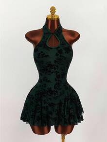 Amplova Retro Mandarin Collar A-Line Dress Dark Green Dress Short Green Dress Halter Neck Dress For Woman Night Club Dress,Party Dresses For Women,Christmas Party Dress - Multicolor - View 4
