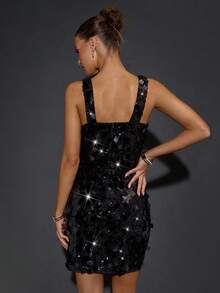 SHEIN BAE Vestido mini de mujer con cuello cuadrado, negro con lentejuelas brillantes, adecuado para cócteles, fiestas, ocasiones formales, eventos festivos, Halloween, Navidad