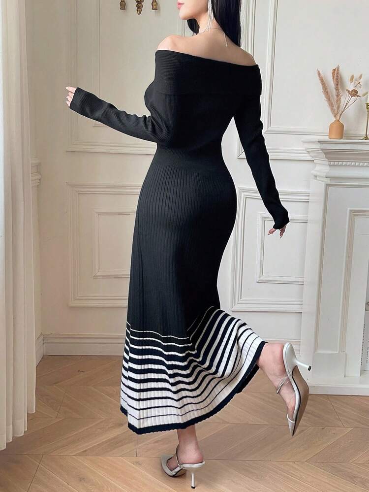 Women's Elegant Colorblock Striped Off Shoulder Twist Knit Sweater Dress, Autumn