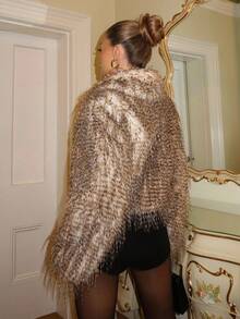 SHEIN Glamour Fashionable Feather Collar Cropped Jacket, Autumn/Winter - Khaki - View 2