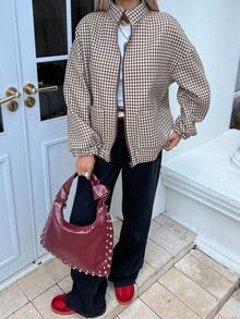 Livesso Women's Loose Fit Wool Blended Jacket With Geometric Pattern, Casual Business Style For Office Wear, Autumn/Winter Fleece Lined Women Coats