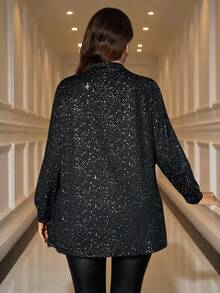 SHEIN Clasi Veste ample à manches longues noire pour femmes grandes tailles, en tissu brillant avec estampage argenté, avec poches. Confortable, douce et brillante.