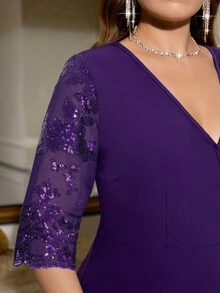 SHEIN Clasi 春季女式亮片刺绣拼布加大码连衣裙，优雅派对穿着 - 紫色 - 查看 4