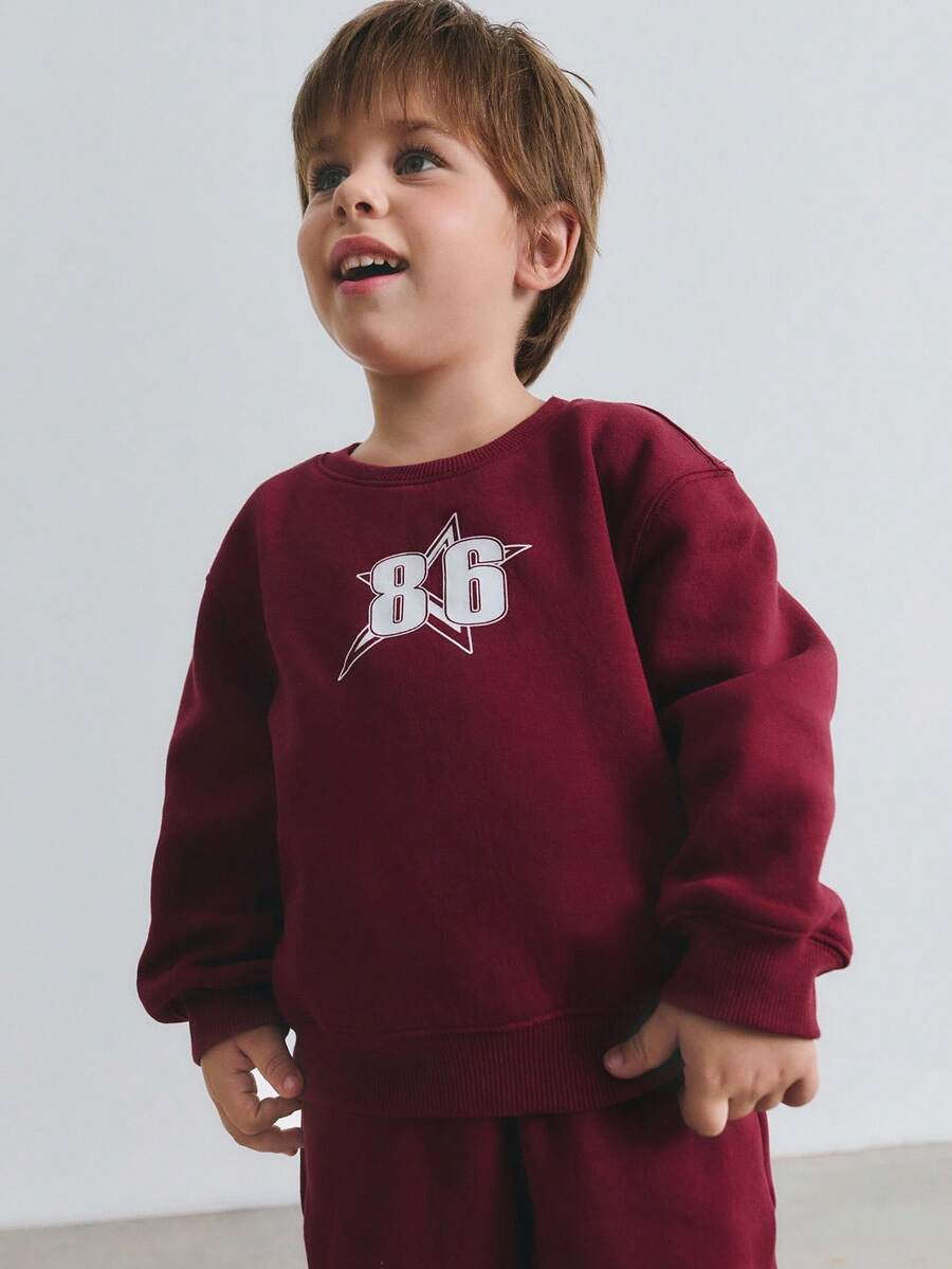 Maija Kids 小男孩勃艮第数字印花图案宽松圆领运动衫和运动裤套装 - 酒紅色 - 查看 1
