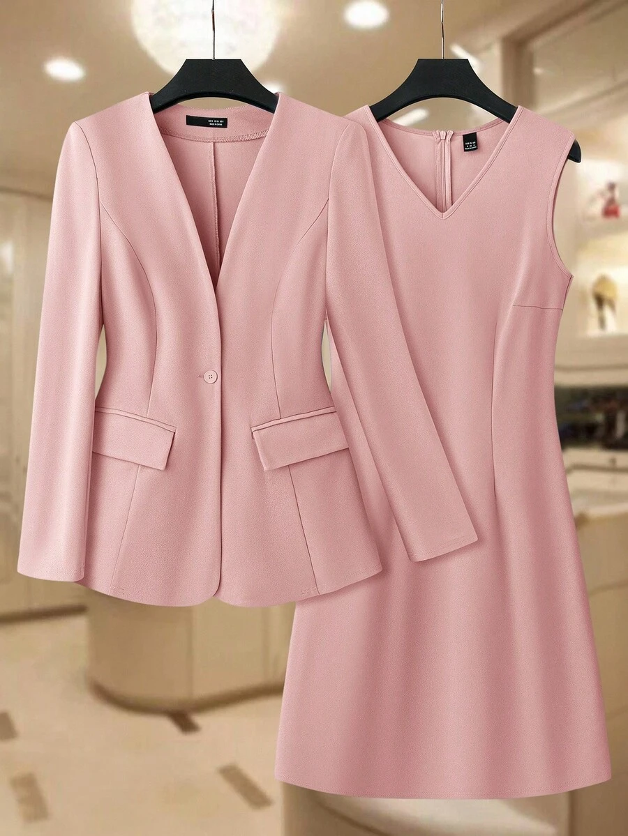 SHEIN Clasi Women's Autumn/Winter Fashion Commuter Jacket & Dress Blue Suit Set