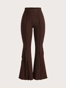 SHEIN Tall CURVE 加大码女款生菜边弹力喇叭裤 - 棕色 - 查看 5