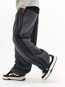 SUMWON 阔腿高腰复古运动裤 筒型侧条纹家居服 冬季舒适抓绒休闲日常穿搭街头风下装 纯色 - 深灰色 - 查看 1