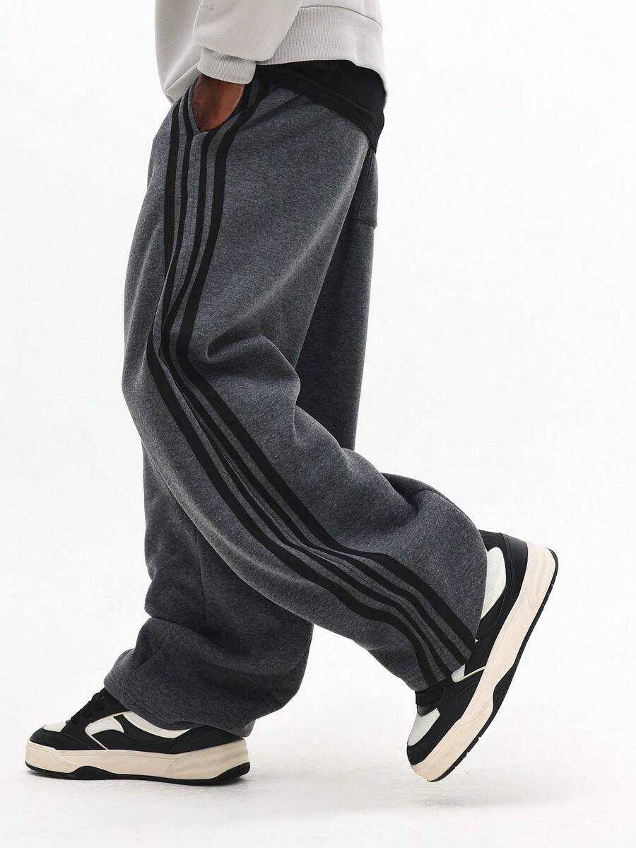 SUMWON 阔腿高腰复古运动裤 筒型侧条纹家居服 冬季舒适抓绒休闲日常穿搭街头风下装 纯色 - 深灰色 - 查看 1