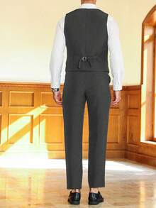 Manfinity Mode Men's Single-Breasted Casual Sleeveless Waistcoat And Suit Pants Business Formal Set - Dark Grey - View 2