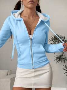 SHEIN PETITE 1pc Women's Casual Hooded Zip-Up Sweatshirt Jacket, Apricot Thermal Lining, Drawstring, Slim Fit, Comfortable, Versatile For Daily Wear, Blue, Autumn/Winter
