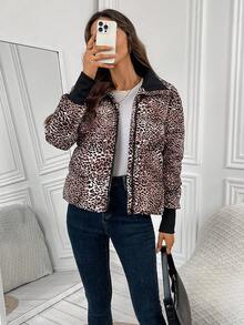 EMERY ROSE Veste d'hiver décontractée à fermeture éclair avec imprimé léopard pour femmes