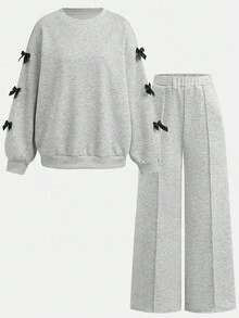 SHEIN Teen Girls 2pcs Set: Loose Fit Crew Neck Long Sleeve Knit Sweatshirt With Bow Decor & Wide Leg Casual Pants, Versatile Loungewear
