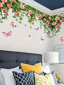 1pc Fanyu Rose Vine Butterfly Wall Stickers - Self-Adhesive Removable PVC Decals With Pink Roses, Green Leaves & Purple Butterflies For Walls, Plastic Surfaces - Fantasy Floral Decor, Semi-Matte Finish, Butterfly Decorations