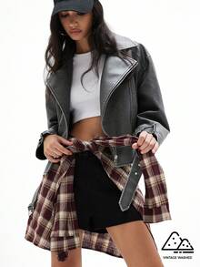 GENKIRA Fashionable Minimalist Versatile Solid Color Lapel Elegant Slim Design Leather Jacket For Women - Grey - View 1