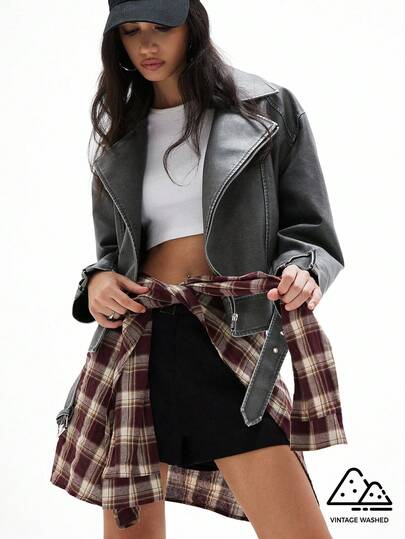 GENKIRA Fashionable Minimalist Versatile Solid Color Lapel Elegant Slim Design Leather Jacket For Women