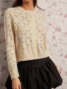 Enchnt Áo len cardigan dệt kim tay dài khoét ngực thêu hoa dành cho nữ - Màu be - Xem 2