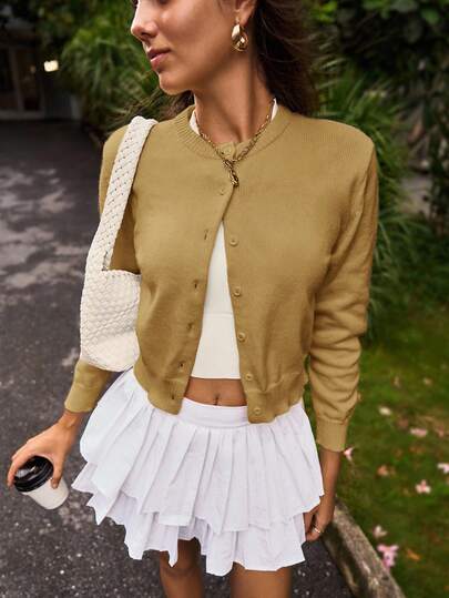 SHEIN BASICS Casual Enfärgad Rund Hals Långärmad Lös Beskuren Damtröja Kofta Höst Vinterkläder För Damer