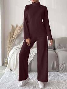 Cloudara 2pcs Women Solid Color Simple Everyday High-Neck Long-Sleeve Top And Trousers Set. - Coral Pink - View 3