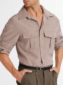 Manfinity Dauomo Men's Casual Solid Color Roll Tab Sleeve Shirt With Flap Pockets, Spring/Autumn - Brown - View 3