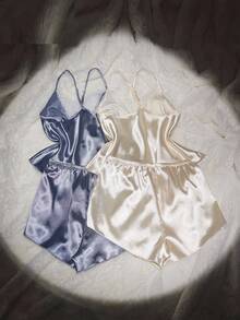 SilkySpell Conjunto de pijama feminino sexy com decote em V profundo, 2 peças, top e shorts, várias peças, adequado para agasalhos, todas as estações - Multicolorido - Ver 4