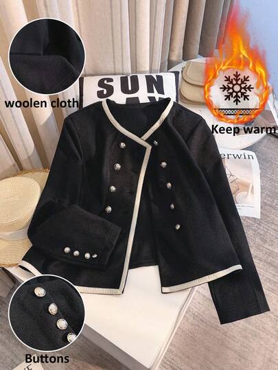 GlowEve CURVE 新款优雅精致大码女士羊毛混纺夹克，适合派对、约会、宴会、下午茶、秋冬，撞色条纹