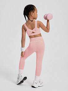 SHEIN Young Girl High Elasticity Sportswear Set For Body Shaping, Free Stretching, Breathable, Sweating-Absorbing, Suitable For Cycling, Running, Indoor Dancing And Comprehensive Training - Pink - View 2