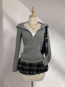 Elamini Casual Versatile Solid Color Hooded Women Sweater - Grey - View 4