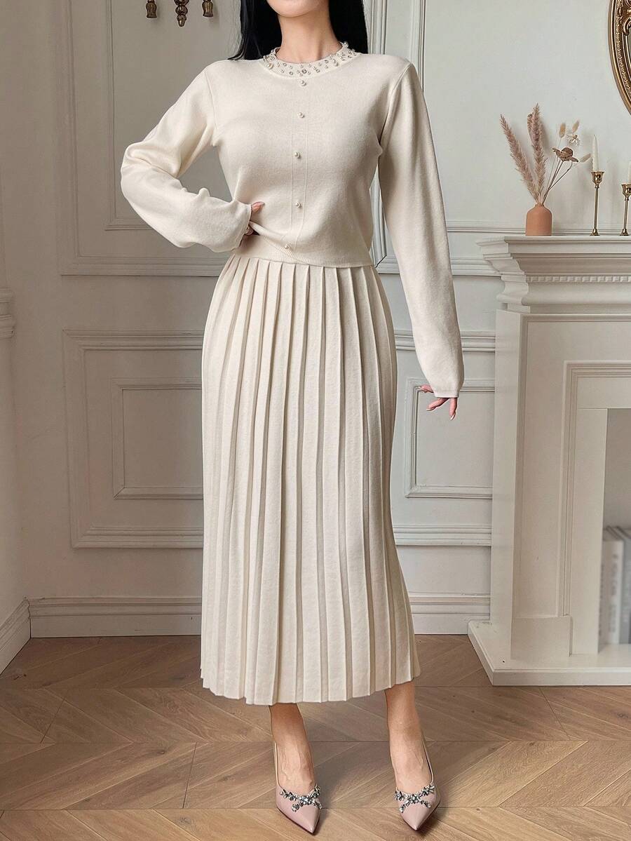 DAZY Bộ áo len cardigan cổ tròn màu trơn thanh lịch và chân váy xếp ly 2 món cho nữ, mùa thu - Màu be - Xem 1