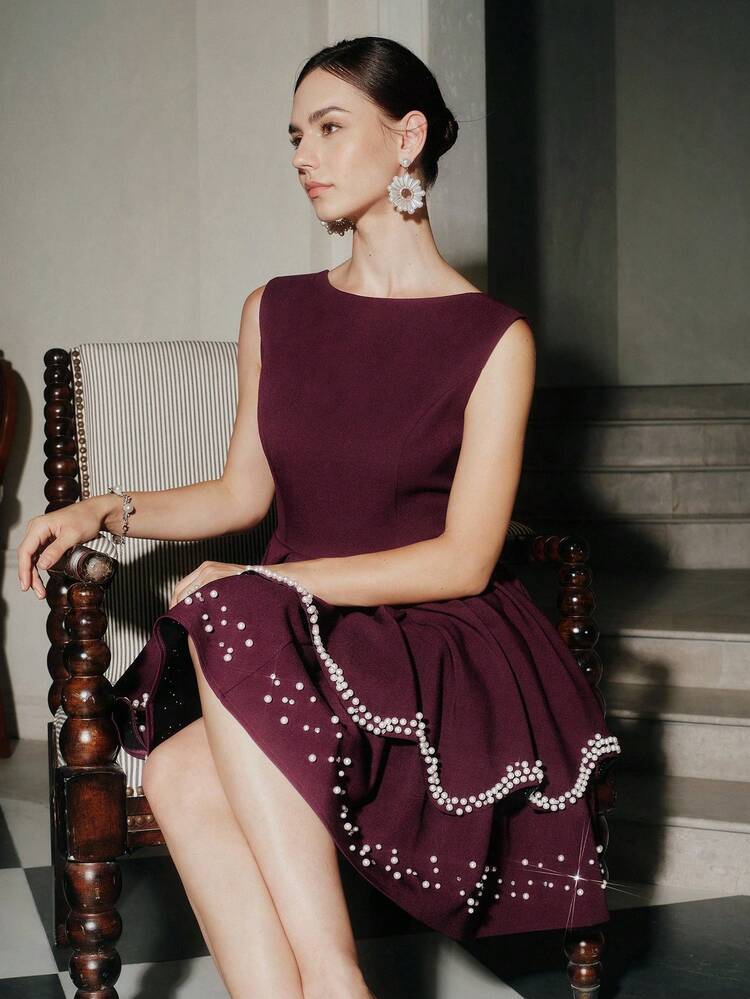 パールデコレーション ノースリーブ Aラインペプラムドレス、バレンタインデー、バカンス、パーティー、バンケット、秋、冬、新年、パーティー、結婚式、エレガント、シック、スタイリッシュ、イブニングドレス、シックな結婚式、クリスマス、パーティー用エレガントドレス向け