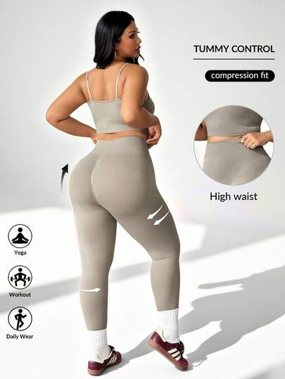 Auralis Athleisure 大码女式灰色细肩带简约上衣和裤子休闲无缝冬季套装健身套装健身女士套装，冬季女士运动服，慢跑套装，女士慢跑套装