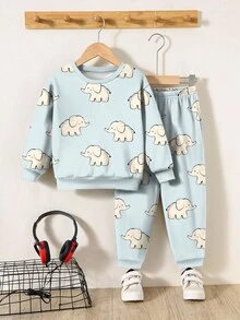 SHEIN Bộ 2 món/Bộ đồ chui đầu dệt kim mềm mại, rộng rãi, họa tiết sở thú, động vật hoạt hình, họa tiết voi, phù hợp cho bé trai, mùa thu/đông - Nhiều màu - Xem 3