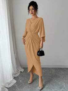 Elenzga Elegant Knitted High Elasticity Batwing Sleeve V-Neck Twist Design Mid-Length Dress For Women