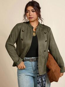 Freevana Plus Size Solid Color Button Decor Casual Long Sleeve Jacket Travel Fall Khaki Earthy Winter