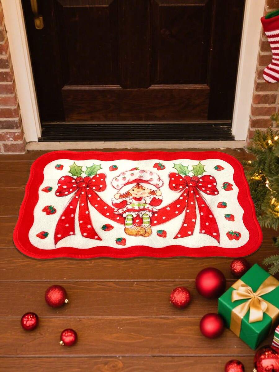 Strawberry Shortcake X SHEIN Thảm nhung dày, chống trượt, mềm mại, in hình nơ và nhân vật hoạt hình, họa tiết dễ thương, thích hợp đặt ở lối vào, phòng tắm, v.v., nhiều kích cỡ khác nhau, là một ý tưởng quà tặng tuyệt vời. - Đỏ - Xem 1