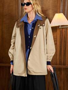 SHEIN Unity Abrigo trench reversible con capucha de manga larga y peso ligero para mujer, ajuste regular con bolsillos, reversible en caqui y marrón, vintage, pieza esencial de otoño/invierno, elegante y moderna, estilo británico, adecuado para salidas diarias, deportes ligeros, viajes, aeropuerto - Gris - Ver 10