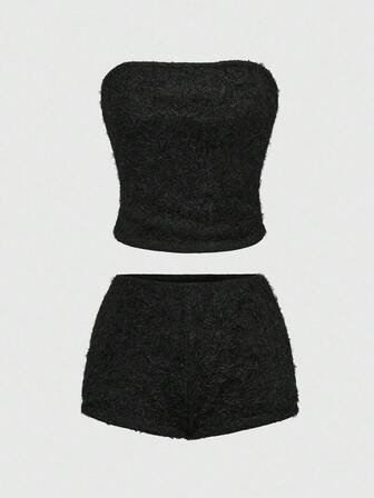 J-Fashion Conjunto de 2 piezas de suéter y shorts de piel sintética sexy de estilo Y2K para mujeres