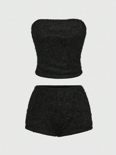 J-Fashion Ensemble 2 pièces pull et short en fausse fourrure sexy Y2K pour femmes