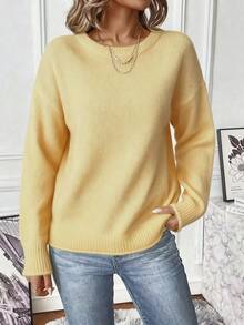 EMERY ROSE Women's Solid Color Round Neck Drop Shoulder Long Sleeve Casual Loose Sweater, Autumn/Winter - Light Yellow - View 4