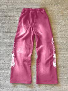 SHEIN 女式休闲字母印花松紧腰裤 - 粉色 - 查看 2