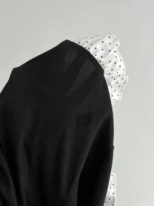 Elamini 1 Áo thun nữ cổ tròn tay bồng chấm bi màu đen, họa tiết nơ, thích hợp mặc khi đi làm, phù hợp cho mùa xuân, thu và đông - màu đen - Xem 5