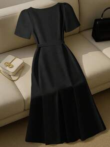 Franclia 女士优雅通勤纯色泡泡袖纽扣连衣裙，夏季黑色纽扣连衣裙，经典黑色连衣裙，法式黑色连衣裙，纽扣中长连衣裙，夏季大学校园服装 - 黑色 - 查看 2