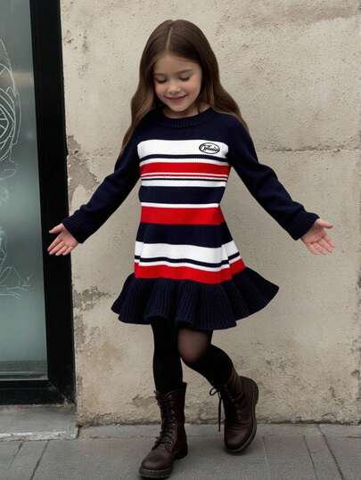 女童时尚甜美拼色条纹刺绣字母圆领舒适长袖针织下摆连衣裙，春秋季