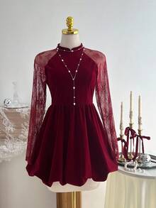 SHEIN Unity Damen Samt & Spitze Patchwork Weihnachts Mini-Kleid, Herbst/Winter - Rot - Übersicht 4