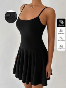 FavEase Casual Versatile Jumpsuit Mini Skirt, Spring/Summer, Built-In Bra - Black - View 4