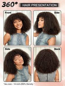 Density Pro 深棕色非洲卷发鲍勃假发，带刘海，真人发质蓬松卷发鲍勃刘海假发，无胶可戴鲍勃假发 - S2 - 查看 3