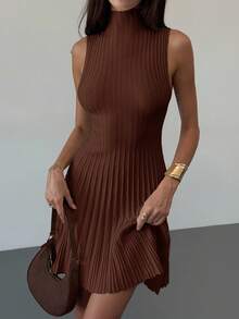 Aloruh Minimalist Chic Stand Collar Sleeveless A-Line Mini Ribbed Knit Dress For Women - Coffee Brown - View 5
