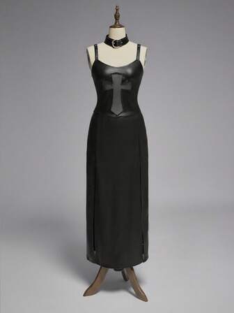 Goth Vestido de mujer gótico con cruz calada y abertura alta de PU