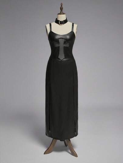 Goth Abito gotico da donna con fessura alta e design traforato in PU