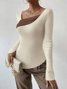 SHEIN Allurite Women's Contrast Color Asymmetrical Neckline Long Sleeve Knit Sweater Neutral Tops Knit Tops Coffee Brown Top Square Neck Tops Knit Top Women - Apricot - View 4